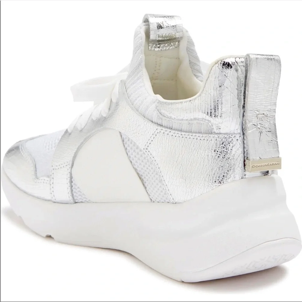 Donna Karen Metallic Silver & White Leather High Top Fashion Sneakers